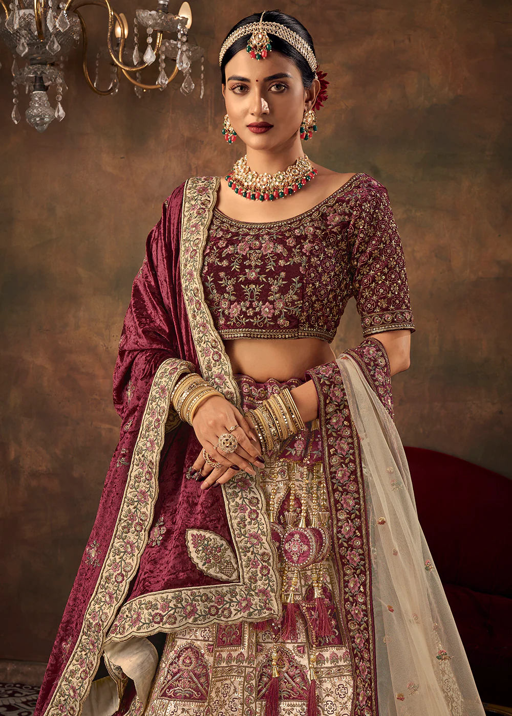 Chickoo Beige Velvet Hand Embroidered Bridal Lehenga Choli - Image 3