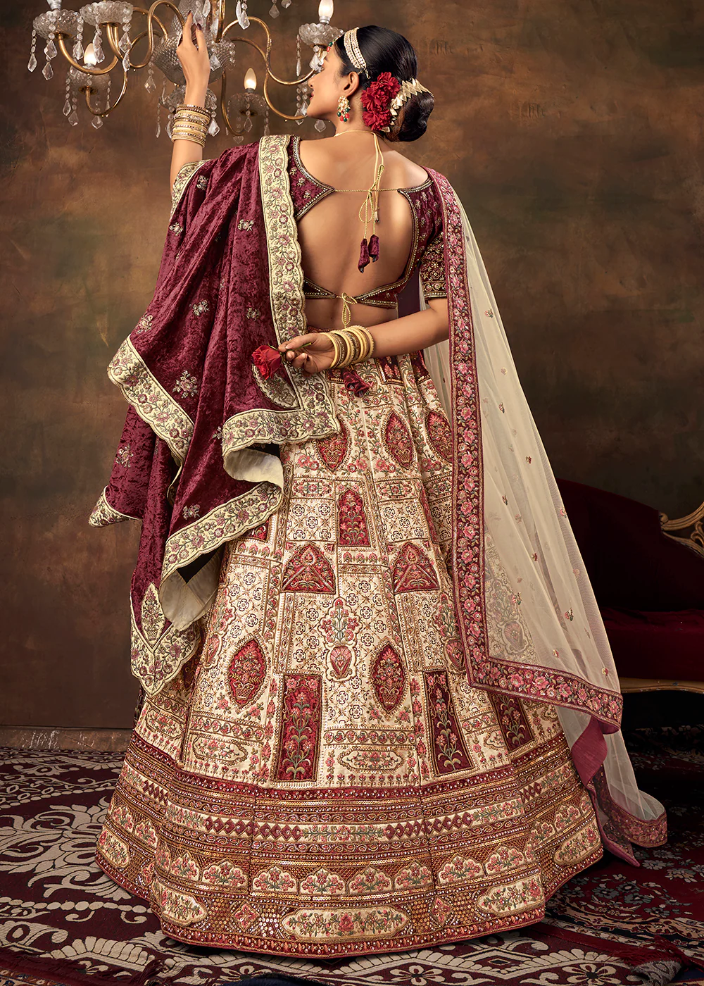 Chickoo Beige Velvet Hand Embroidered Bridal Lehenga Choli - Image 4