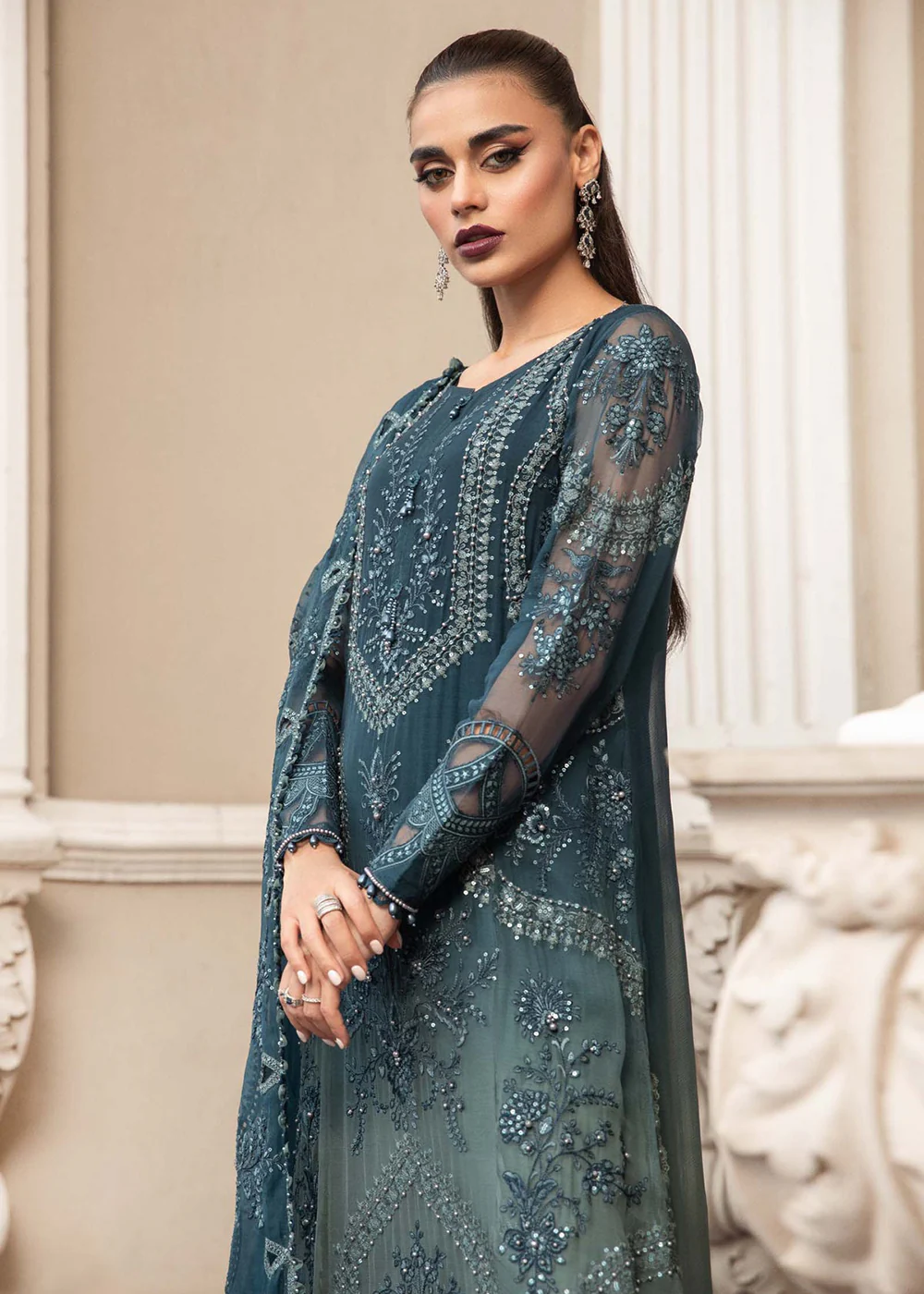 Chiffon Formals 2023 by Maria B | MPC-23-102 Teal Blue - Image 2