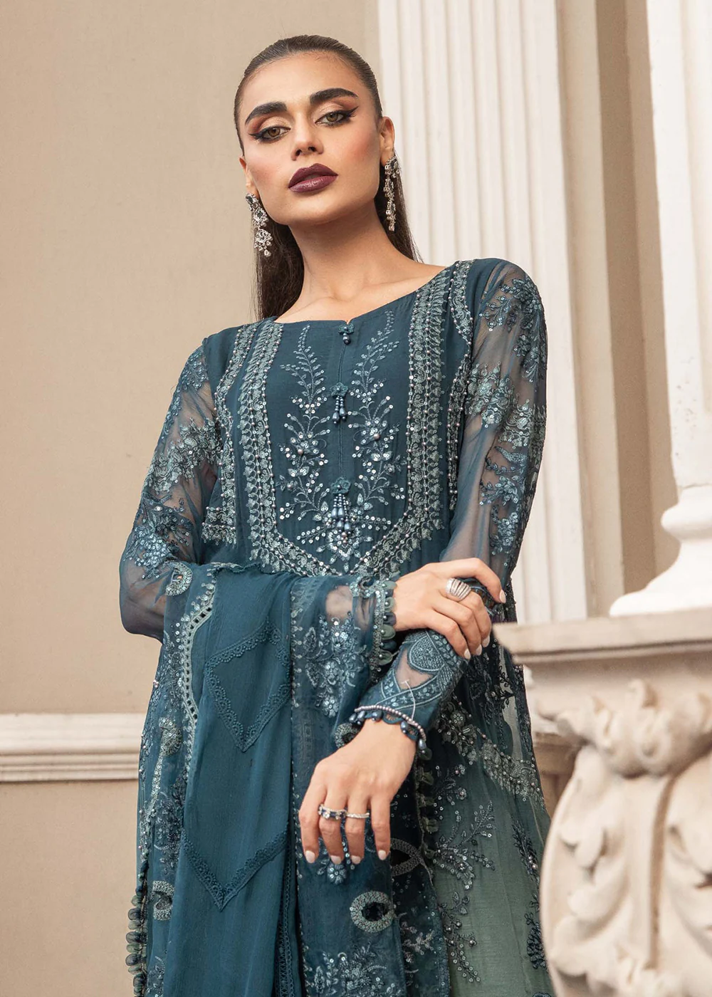 Chiffon Formals 2023 by Maria B | MPC-23-102 Teal Blue - Image 3