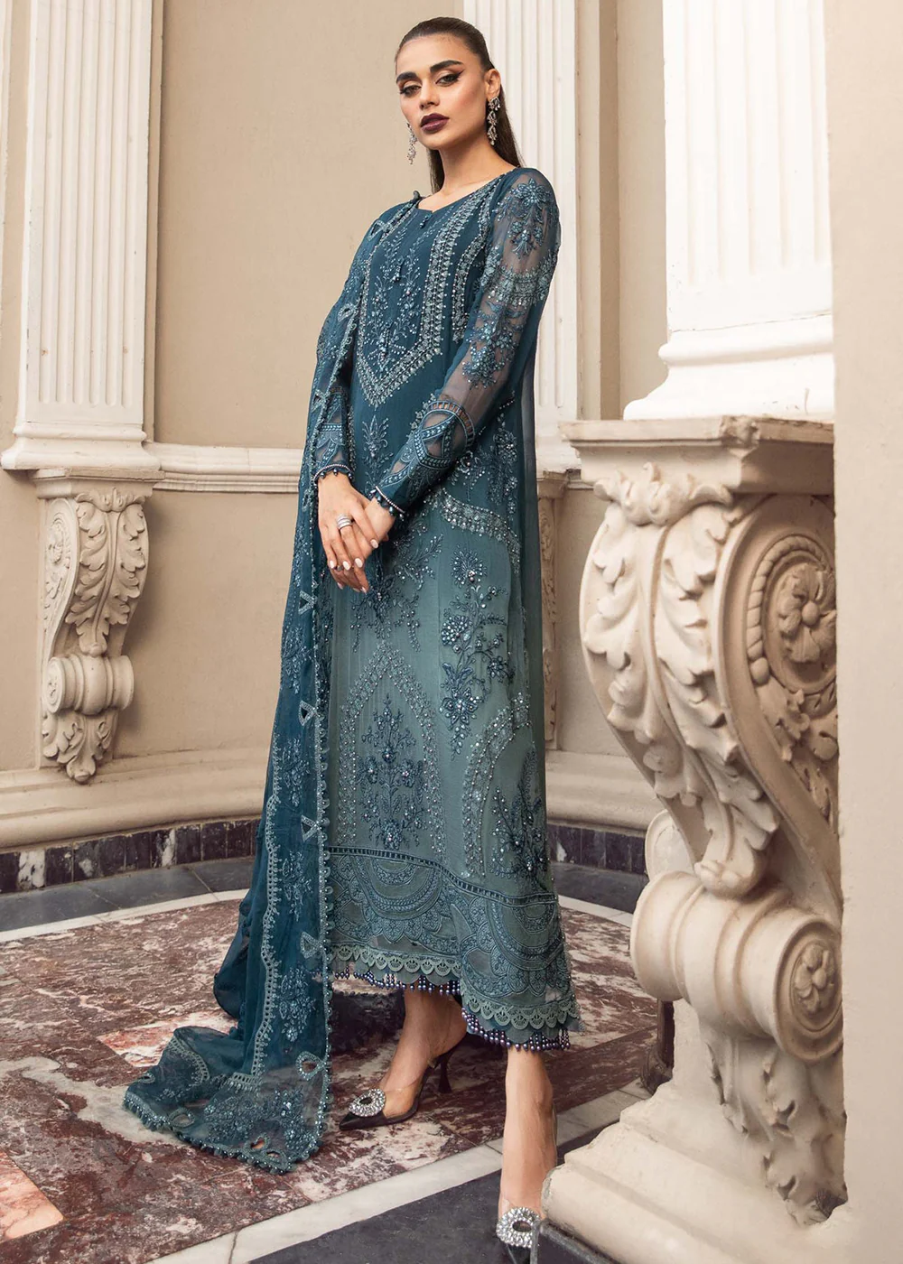 Chiffon Formals 2023 by Maria B | MPC-23-102 Teal Blue - Image 4