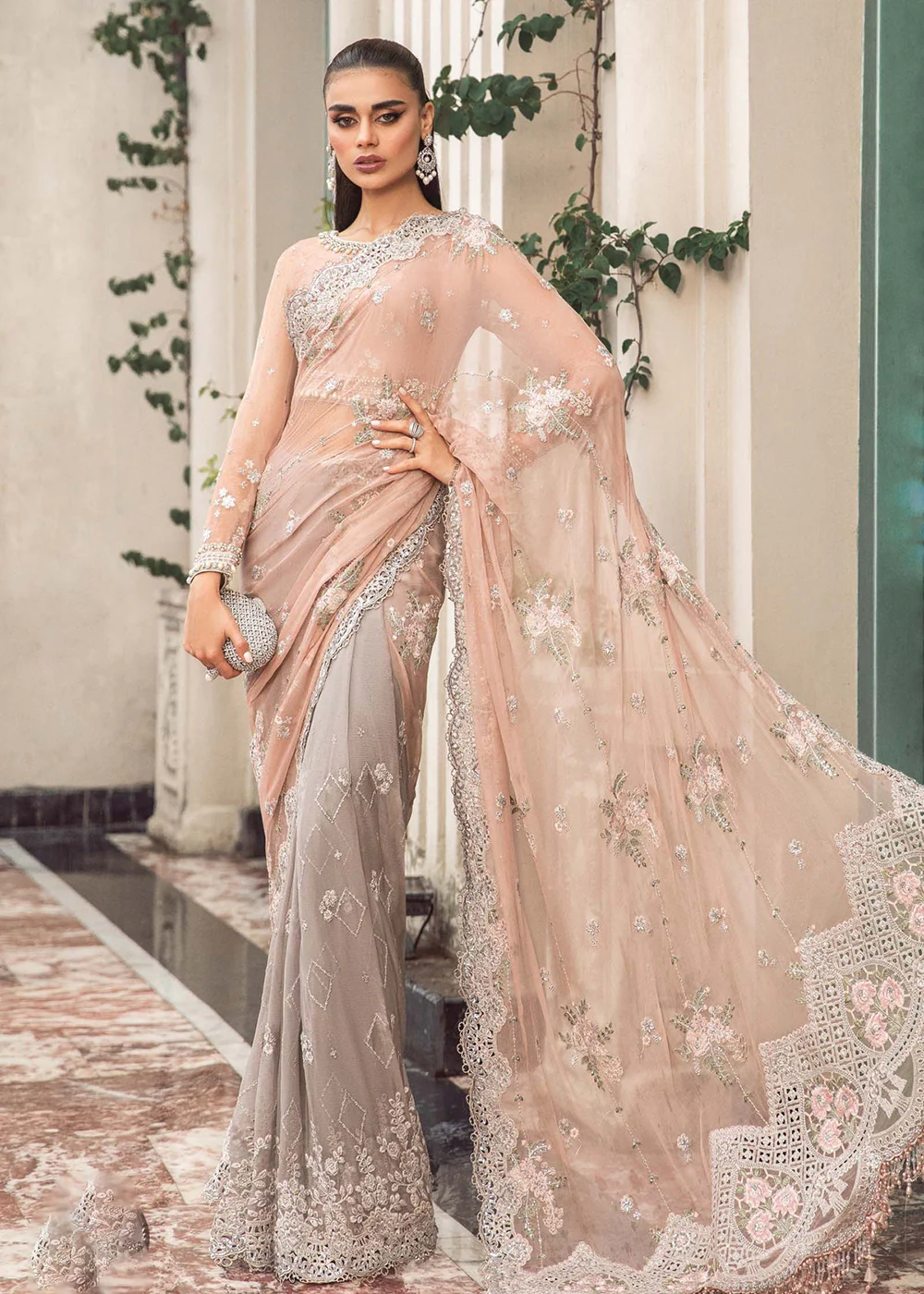 Chiffon Formals 2023 by Maria B | MPC-23-105 Peach And Grey