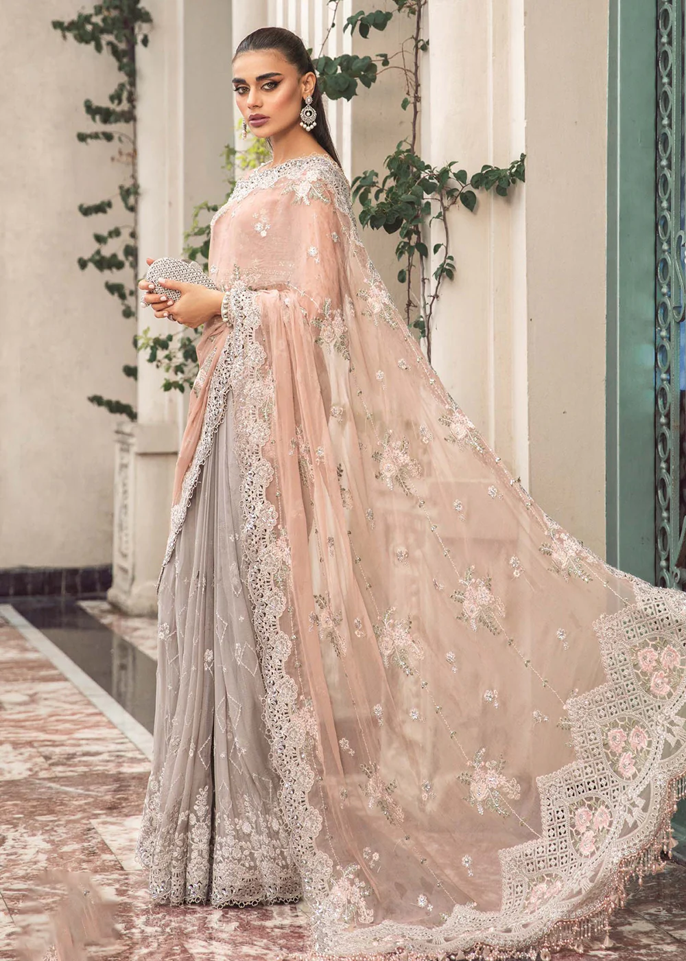 Chiffon Formals 2023 by Maria B | MPC-23-105 Peach And Grey - Image 5