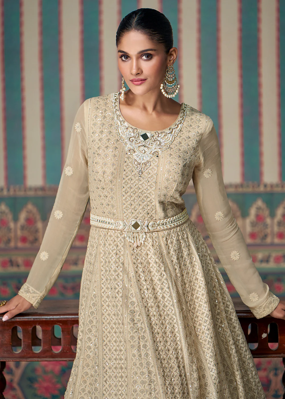 Chikankari Embroidered Beige Georgette Wedding Anarkali Suit - Image 2