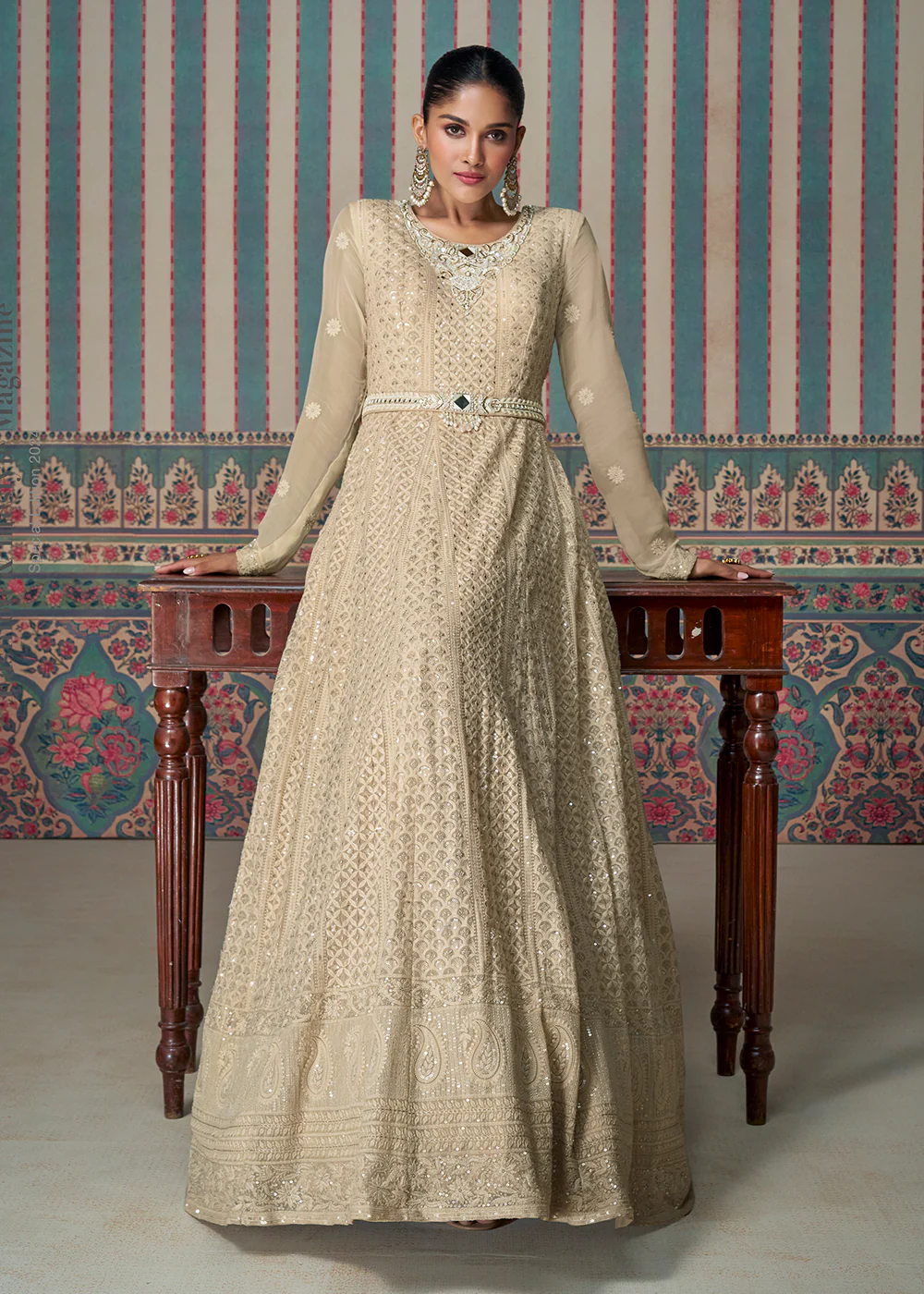 Chikankari Embroidered Beige Georgette Wedding Anarkali Suit - Image 3