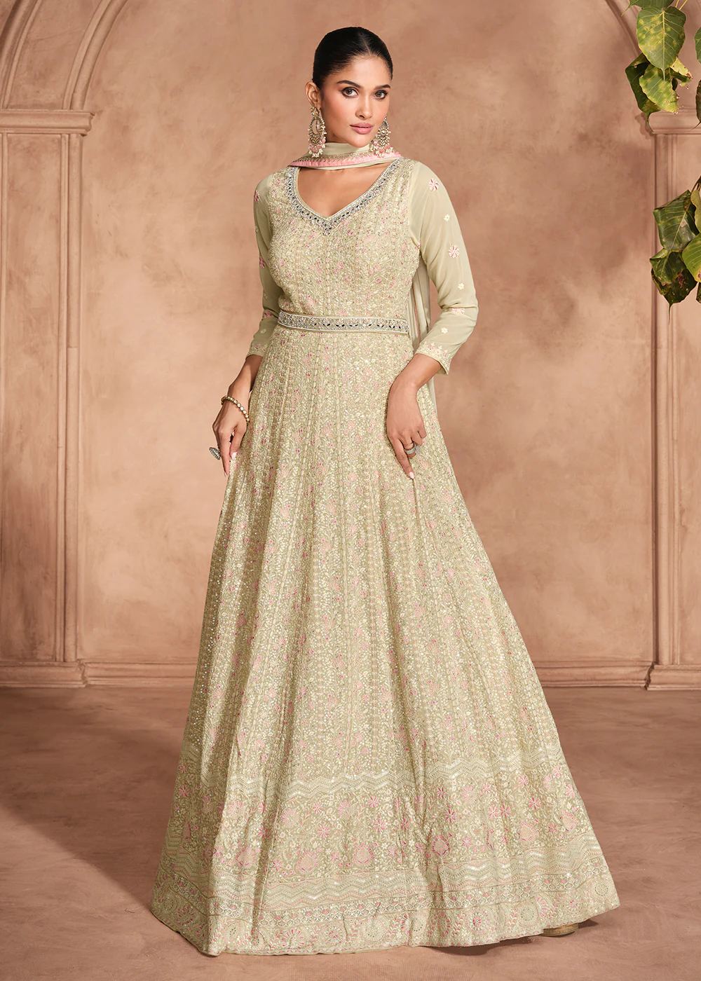 Chikankari Embroidery Beige Wedding Wear Anarkali Gown