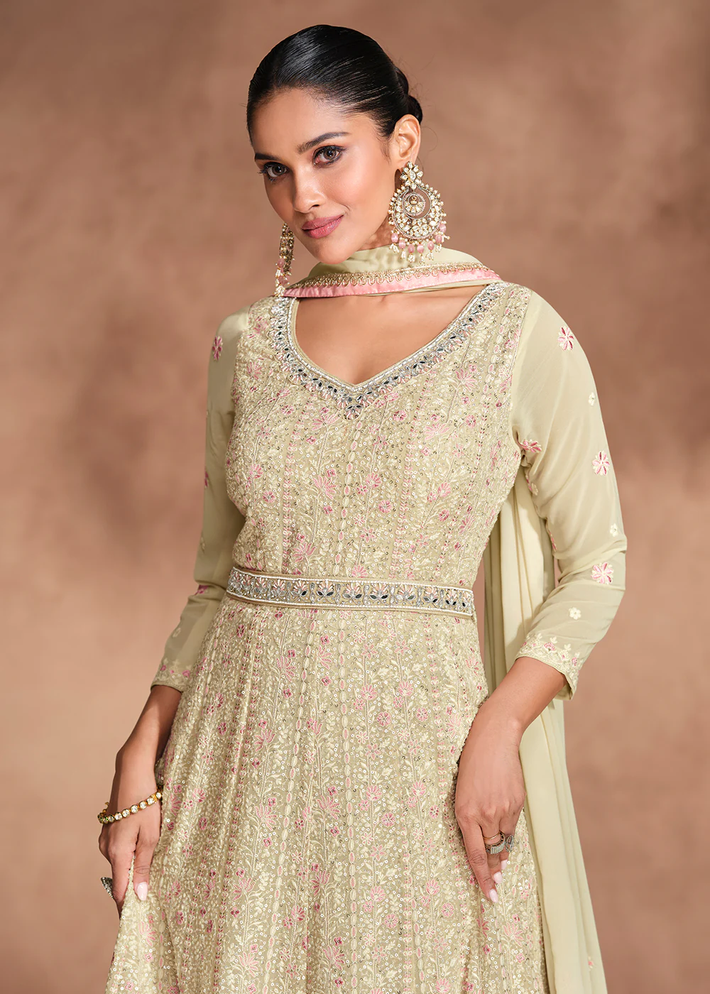 Chikankari Embroidery Beige Wedding Wear Anarkali Gown - Image 2