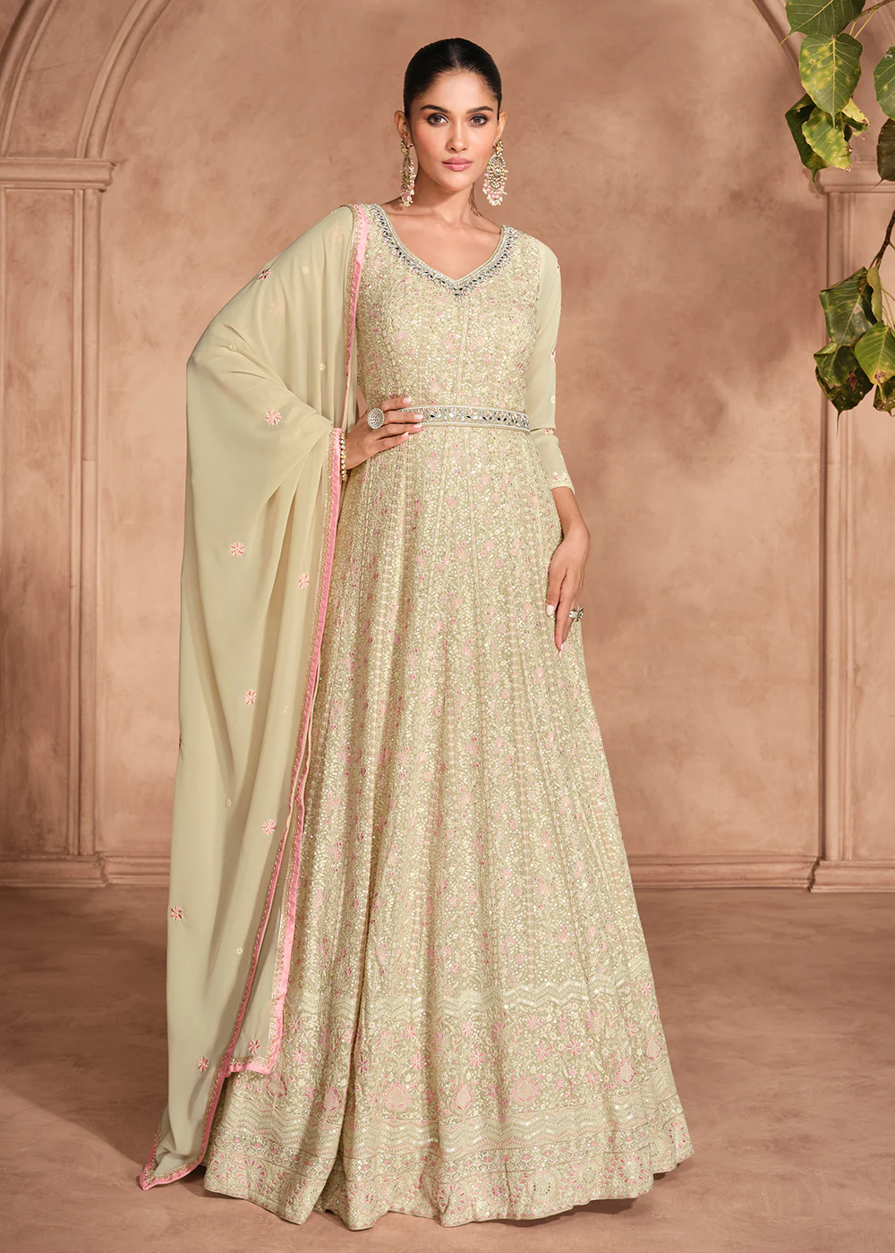 Chikankari Embroidery Beige Wedding Wear Anarkali Gown - Image 3