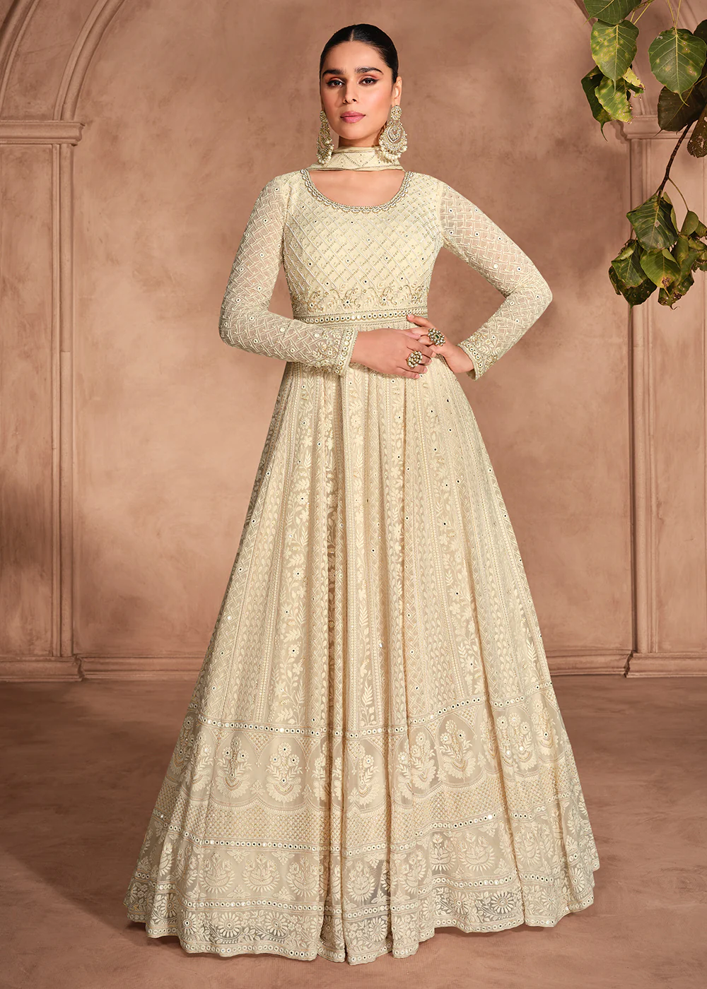 Chikankari Embroidery Cream Wedding Wear Anarkali Gown