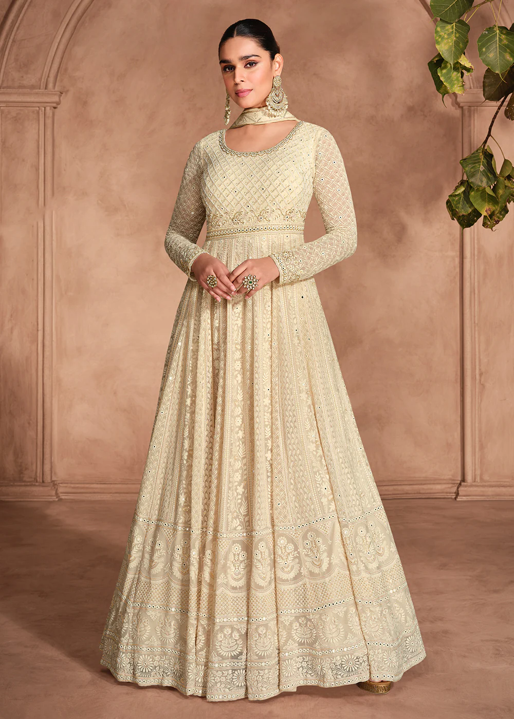 Chikankari Embroidery Cream Wedding Wear Anarkali Gown - Image 3