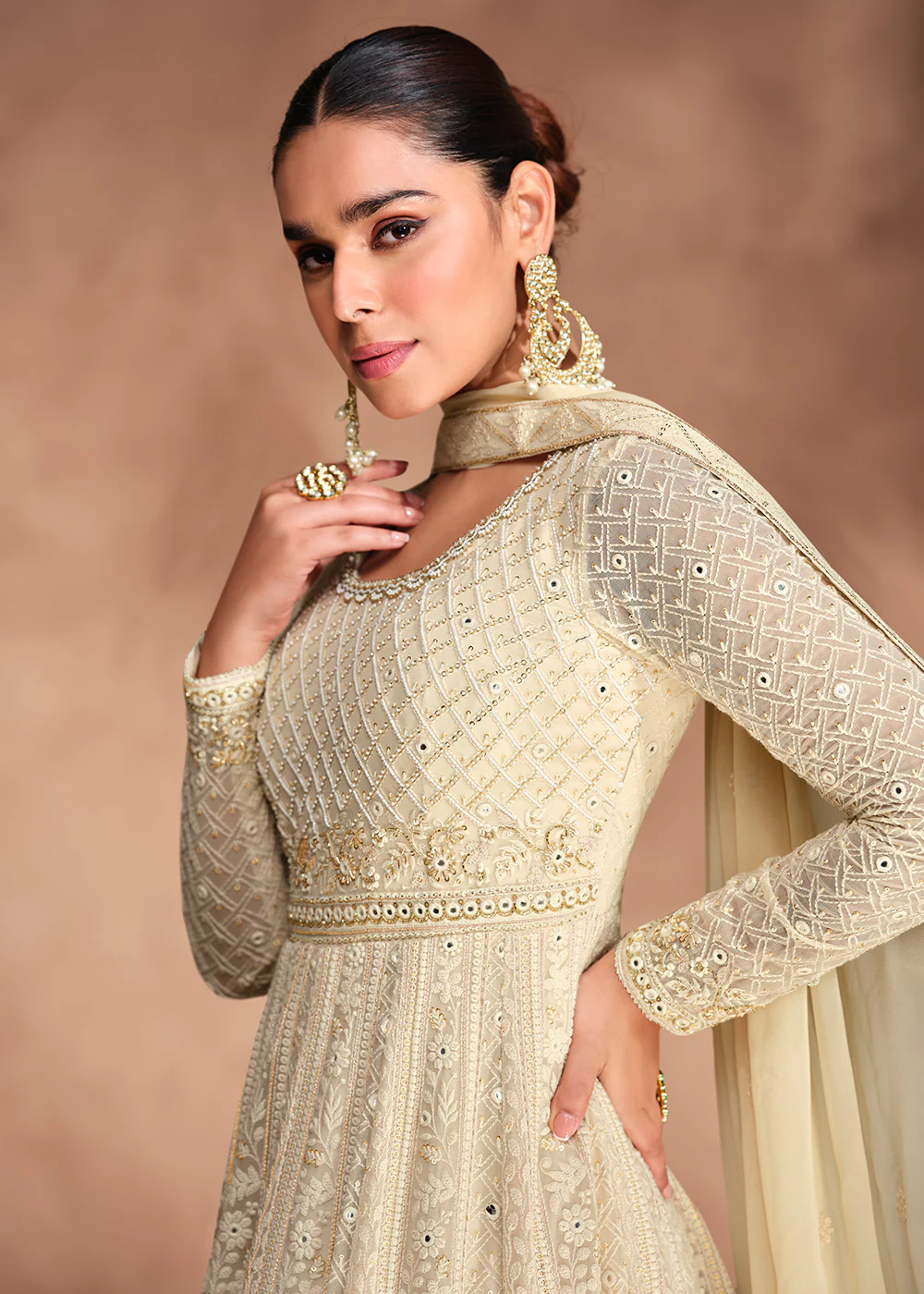 Chikankari Embroidery Cream Wedding Wear Anarkali Gown - Image 4