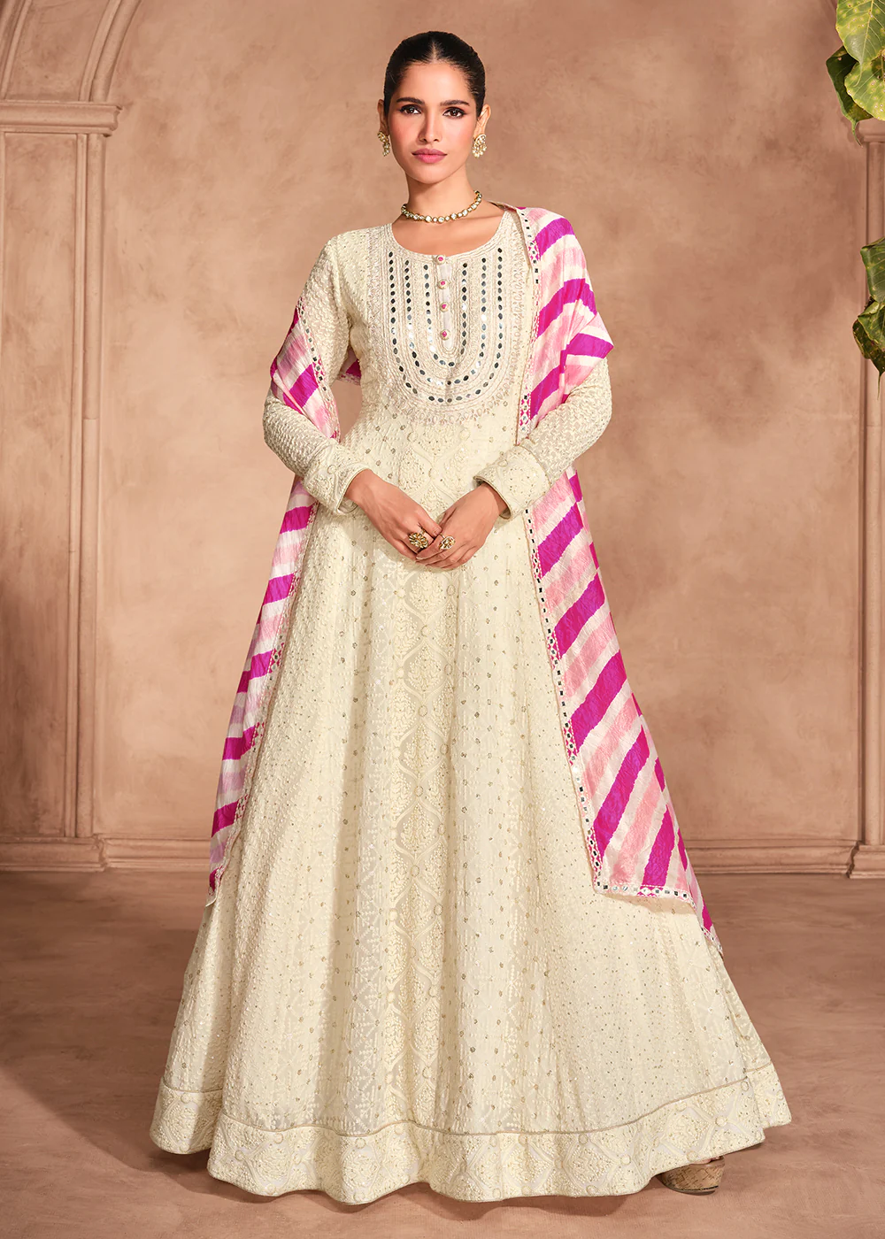 Chikankari Embroidery Off White Wedding Wear Anarkali Gown