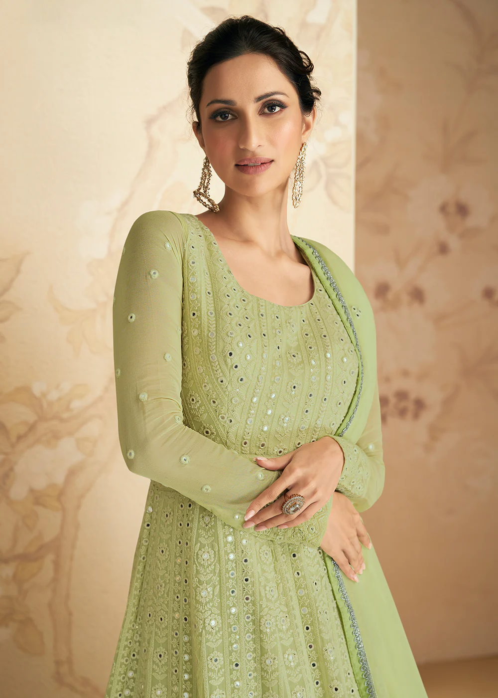 Chikankari Style Green Traditional Work Festive Anarkali Gown - Image 2