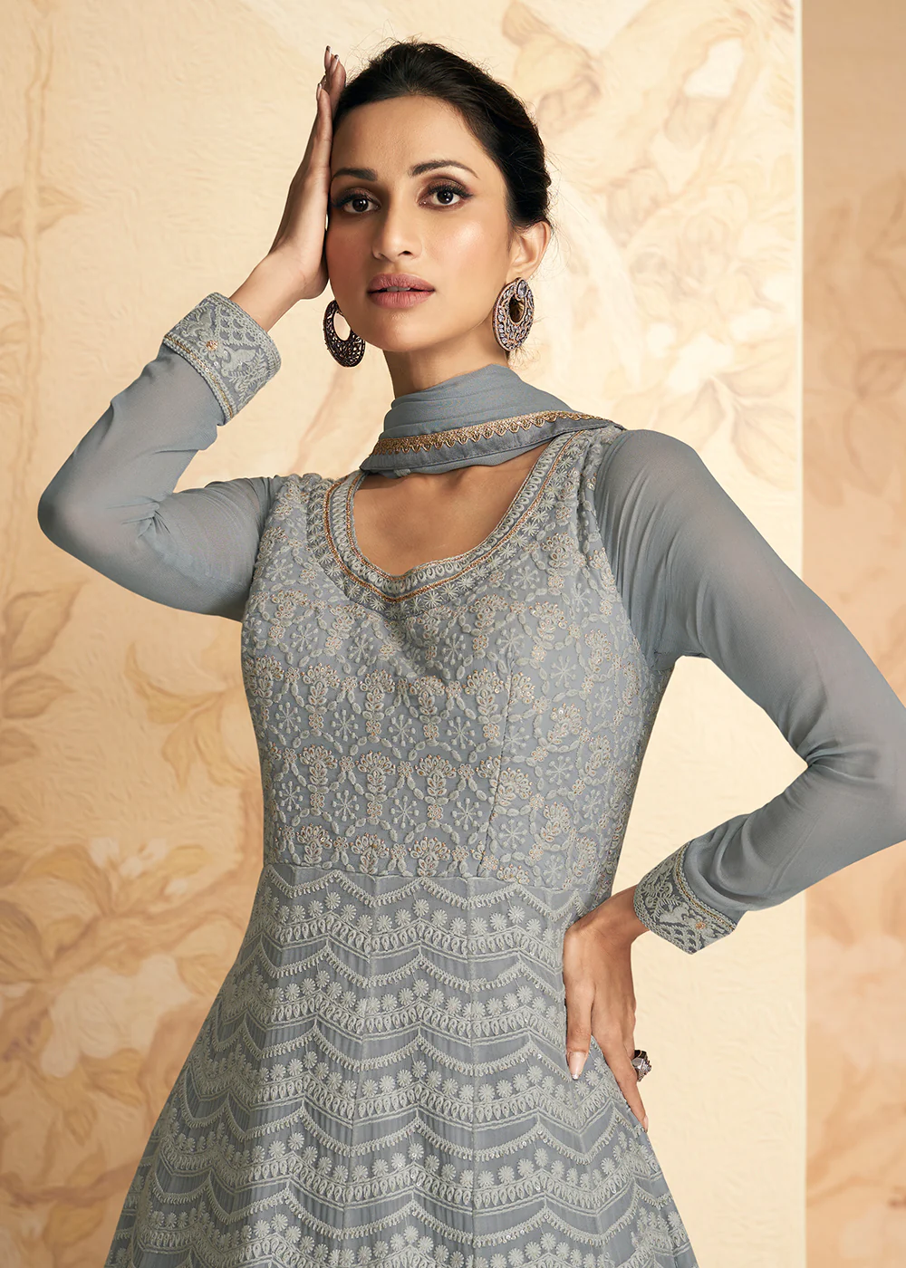 Chikankari Style Grey Traditional Work Festive Anarkali Gown - Image 2