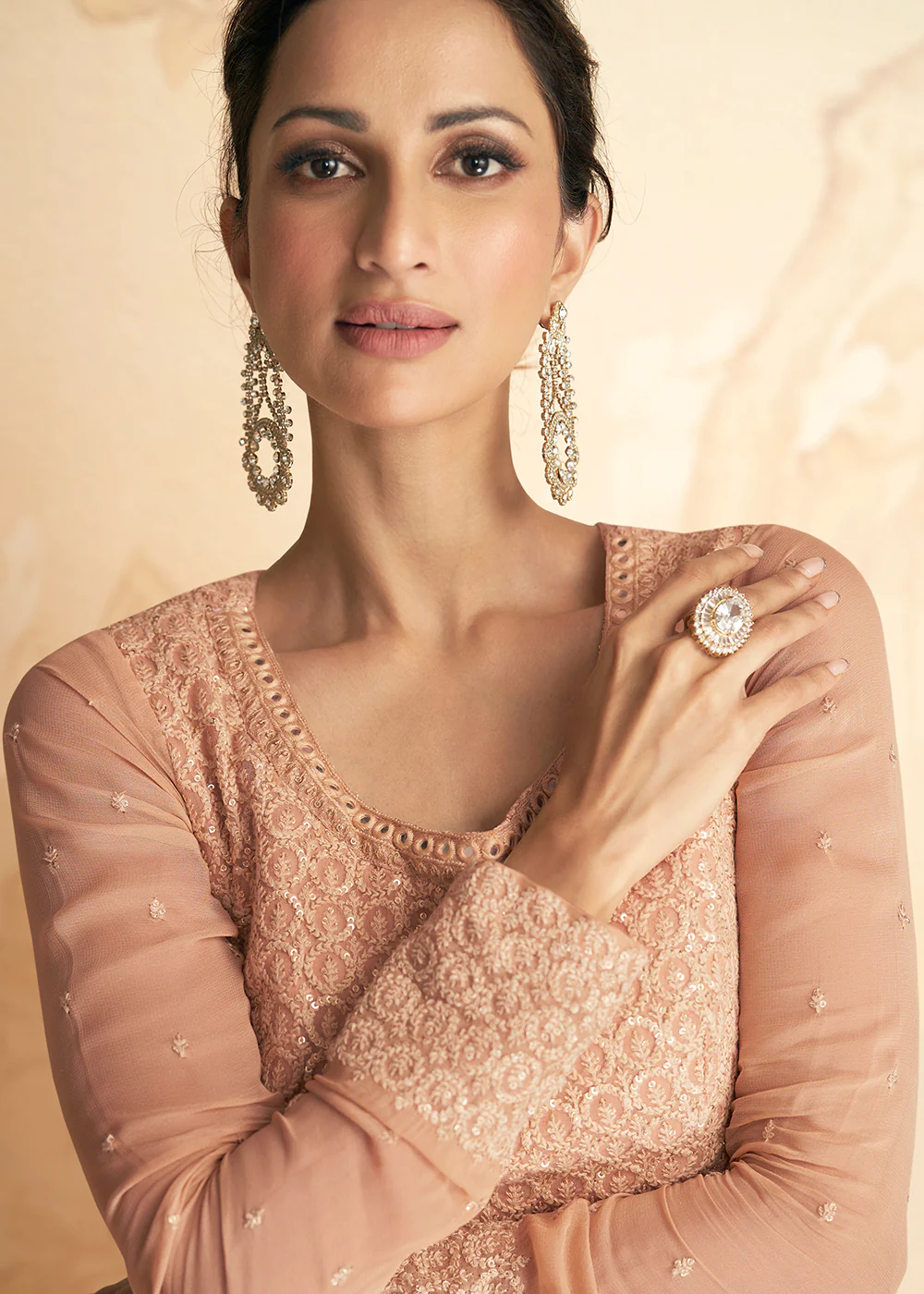 Chikankari Style Peach Traditional Work Festive Anarkali Gown - Image 2