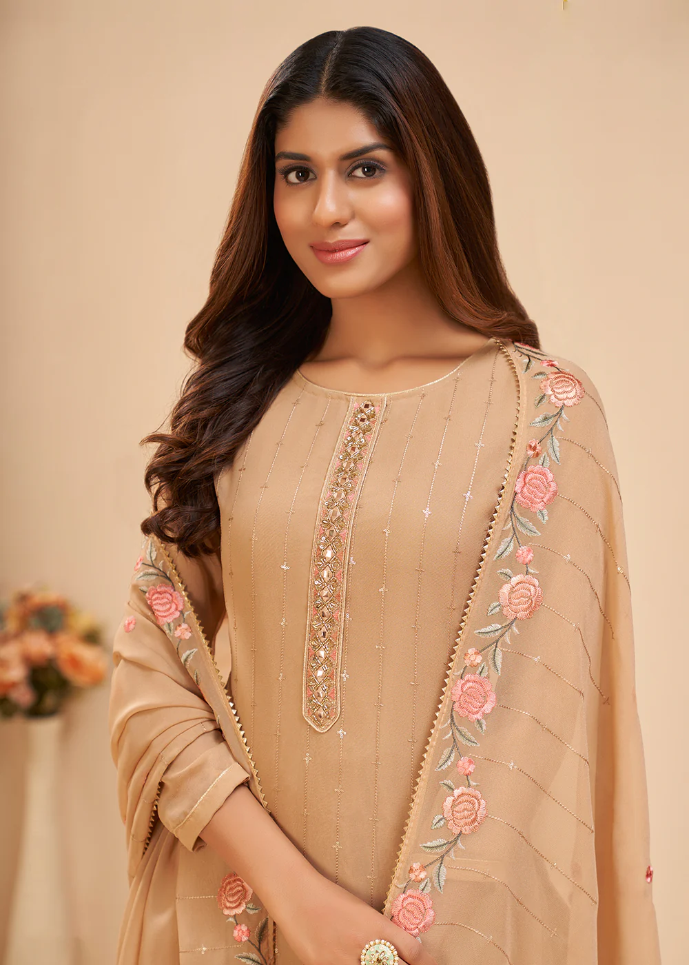 Chikoo Beige Floral Embroidered Festive Pant Style Suit - Image 2