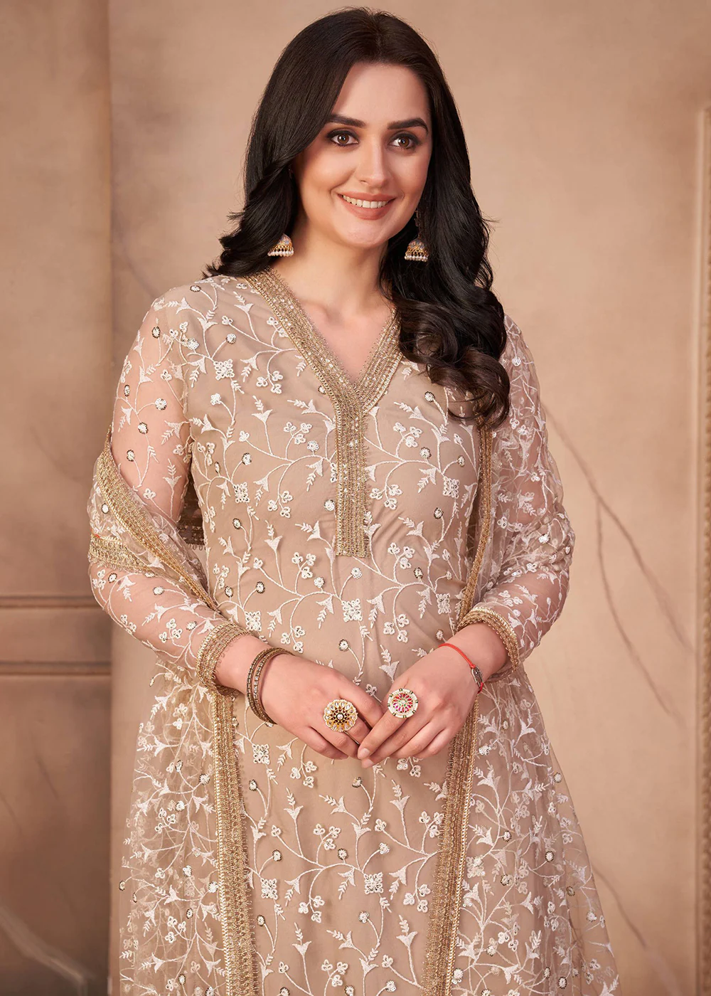 Chiku Beige Mono Net Festival Wear Pant Suit - Image 2