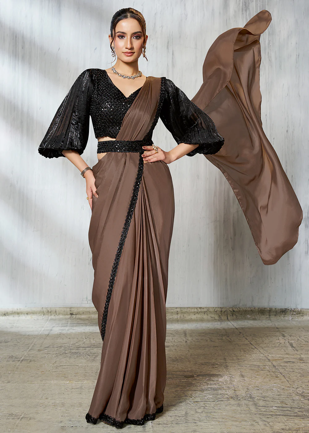 Chiku Black Designer Embroidered Party Wear Saree