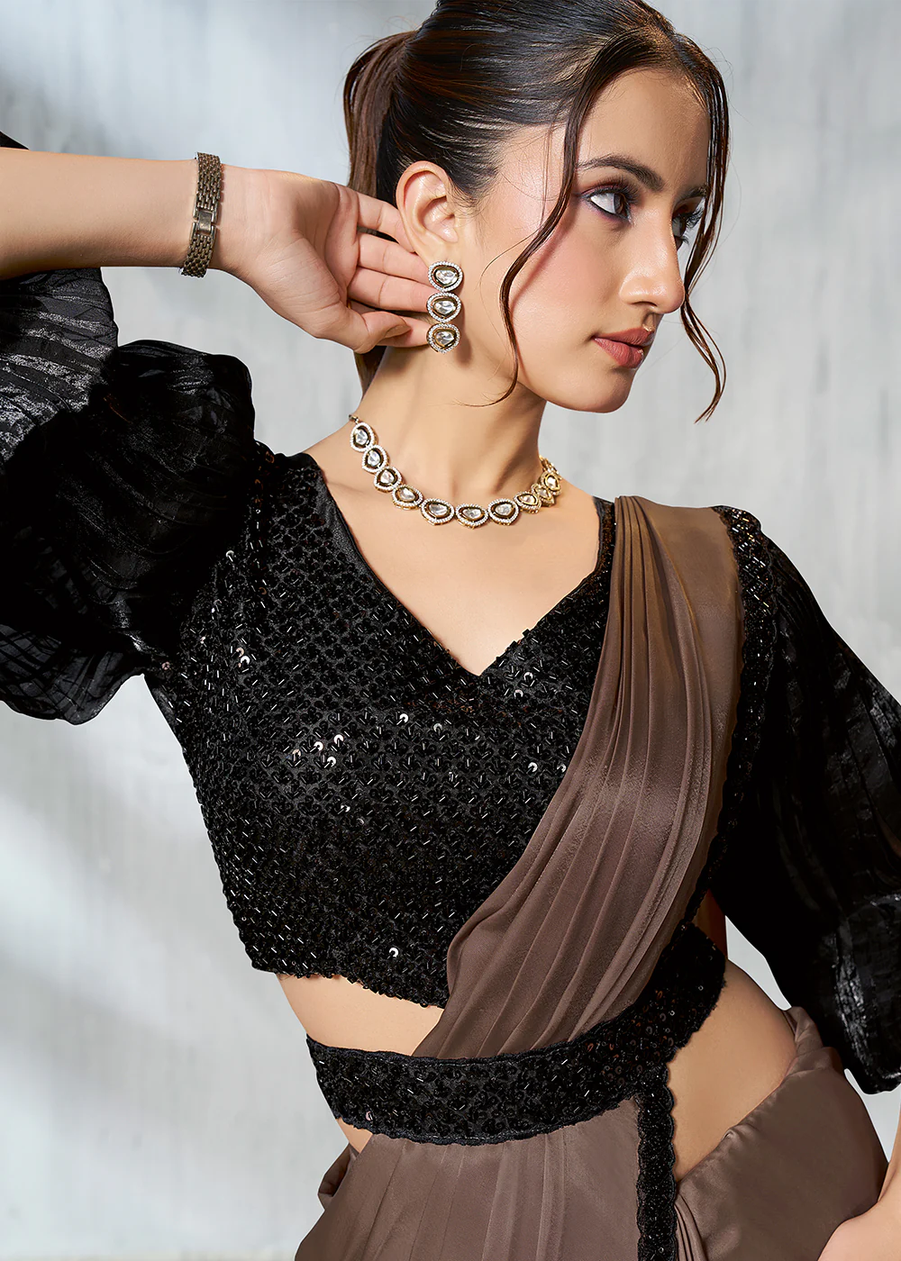 Chiku Black Designer Embroidered Party Wear Saree - Image 2