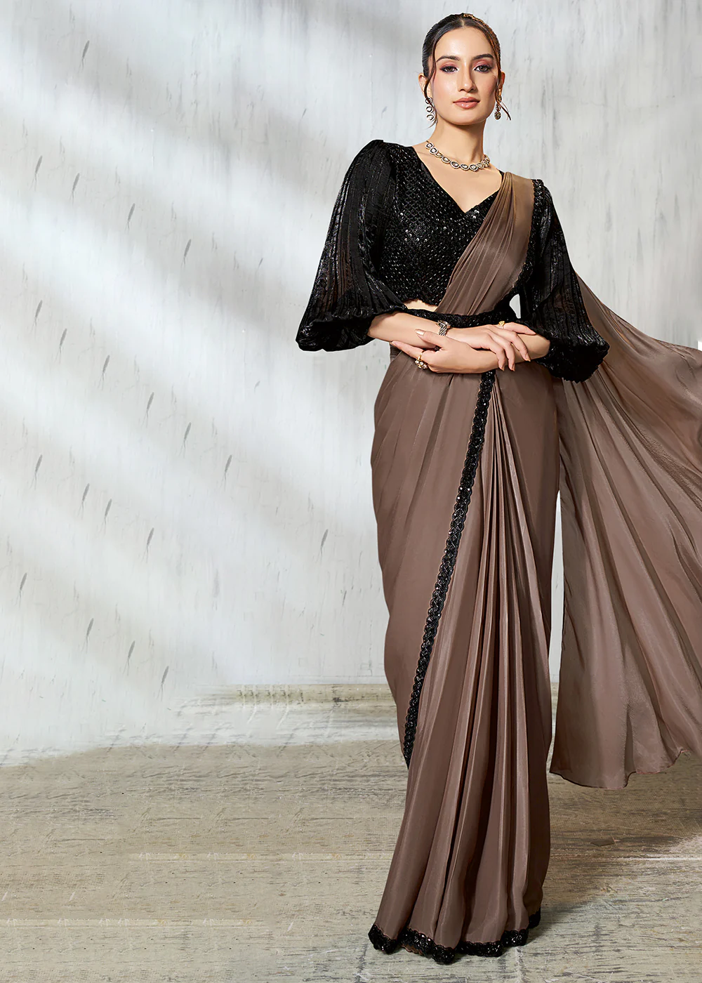 Chiku Black Designer Embroidered Party Wear Saree - Image 3