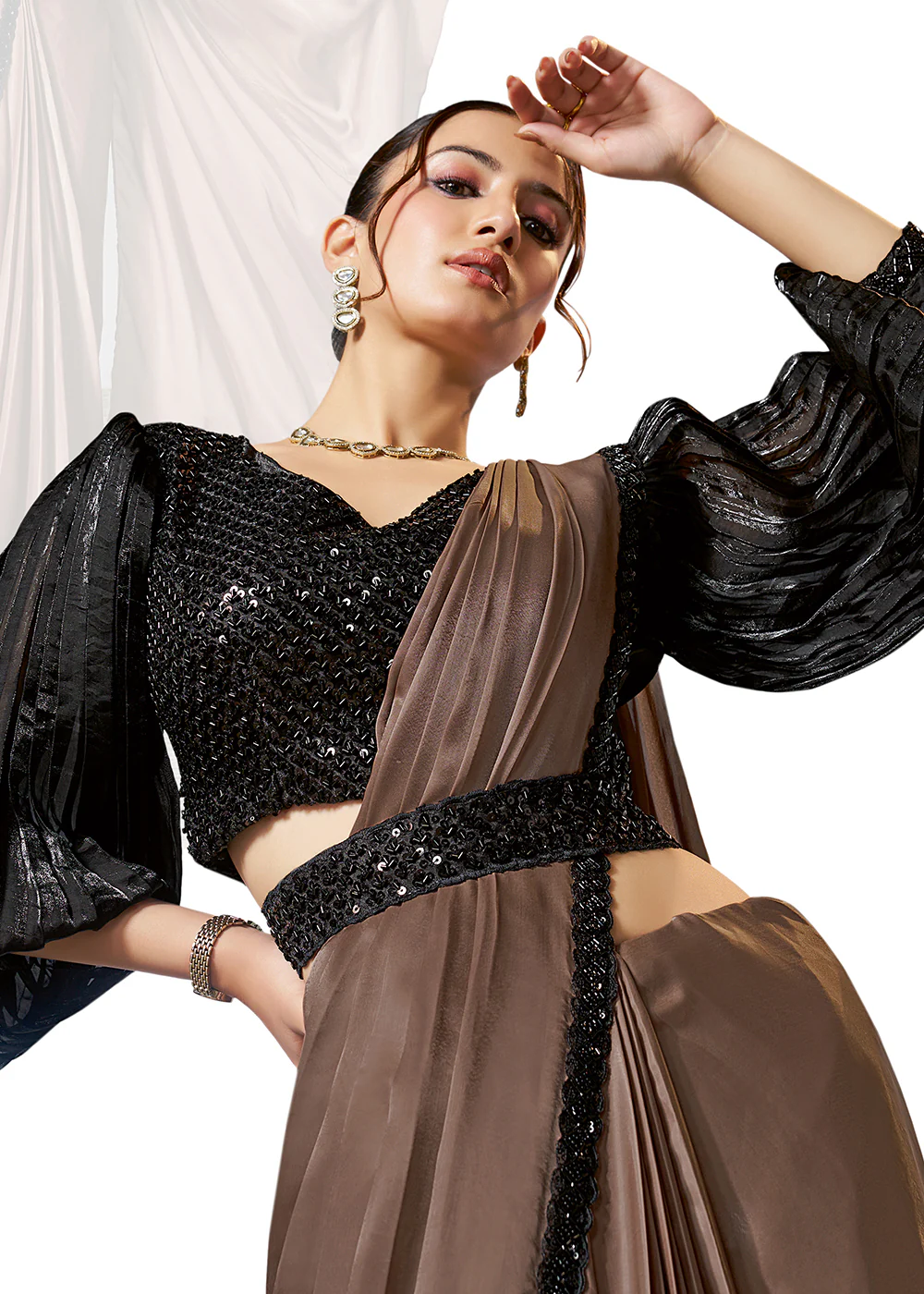 Chiku Black Designer Embroidered Party Wear Saree - Image 4