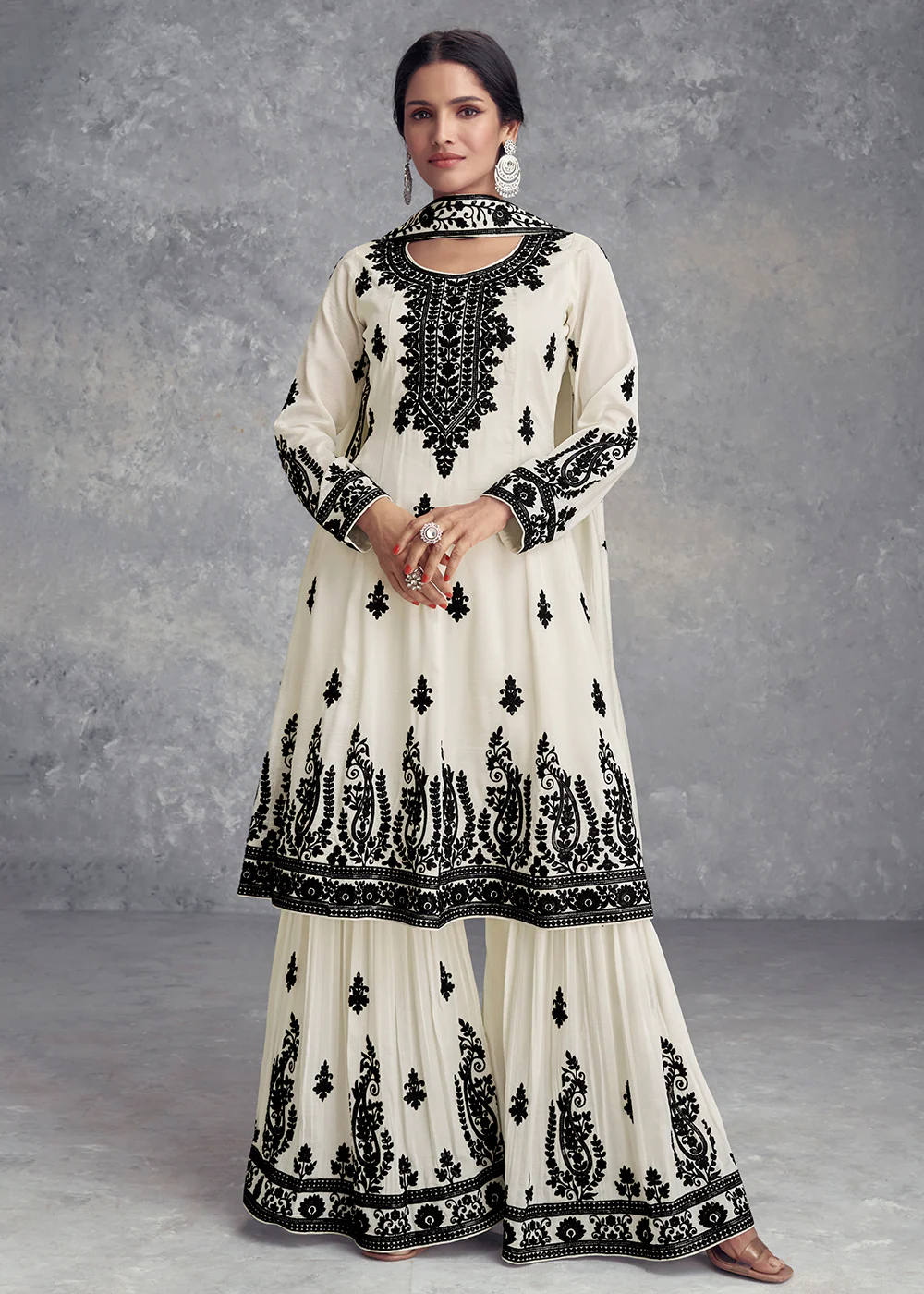 Chinnon Embroidered Off White Festive Wear Palazzo Dress