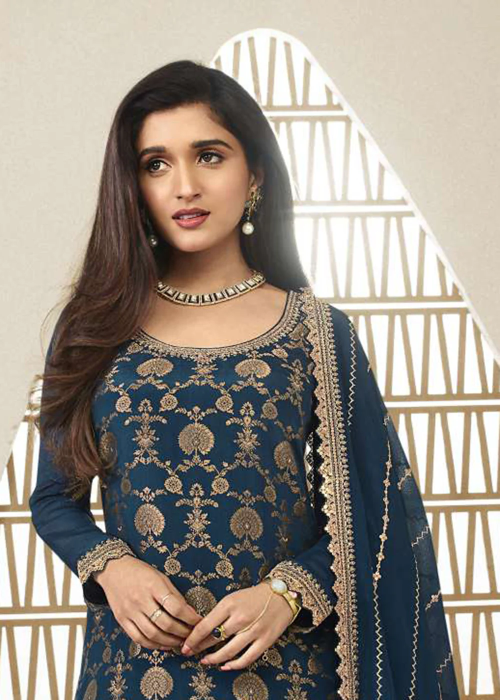 Chinnon Jacquard Prussian Blue Zari Embroidered Palazzo Suit - Image 2