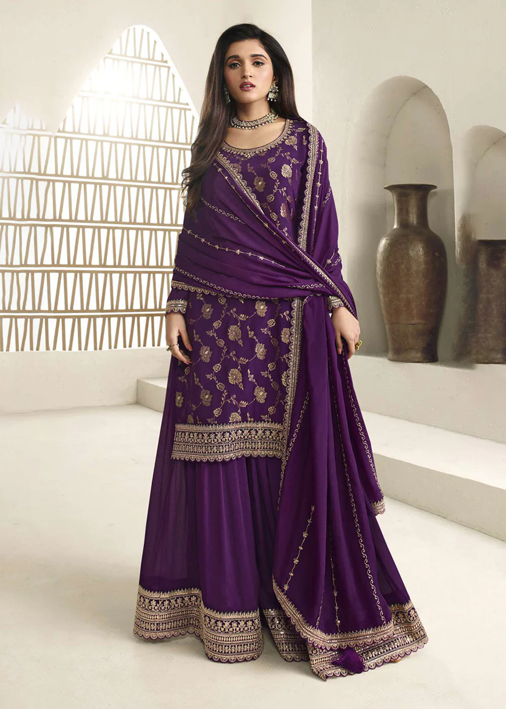 Chinnon Jacquard Purple Zari Embroidered Palazzo Suit