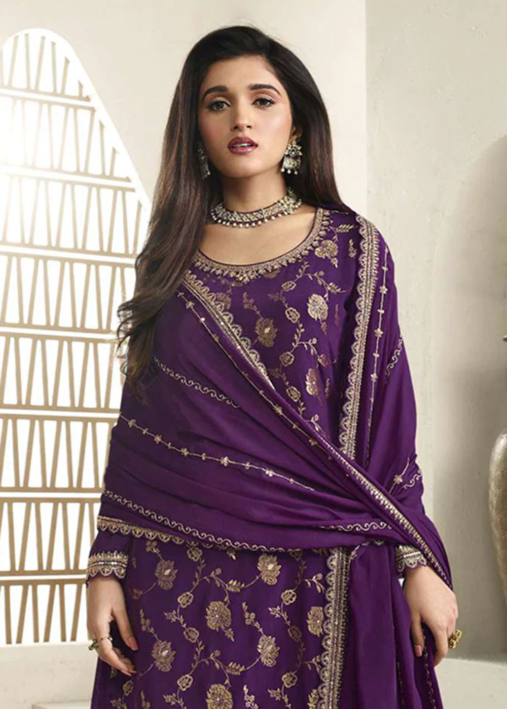 Chinnon Jacquard Purple Zari Embroidered Palazzo Suit - Image 2