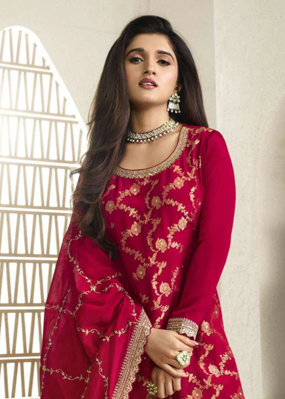 Chinnon Jacquard Red Zari Embroidered Palazzo Suit - Image 2