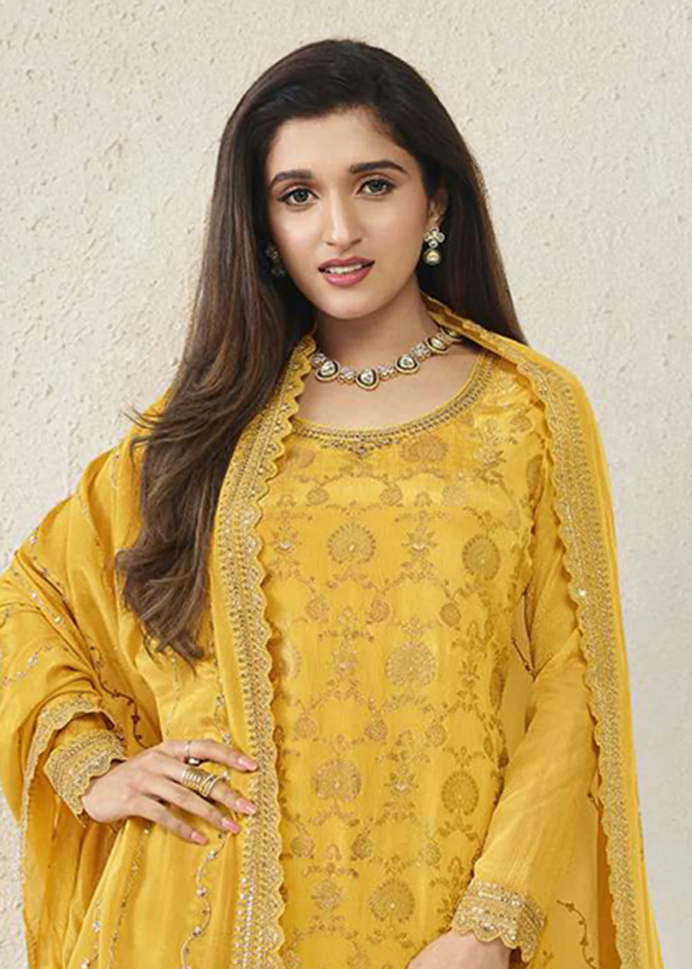 Chinnon Jacquard Yellow Zari Embroidered Palazzo Suit - Image 2