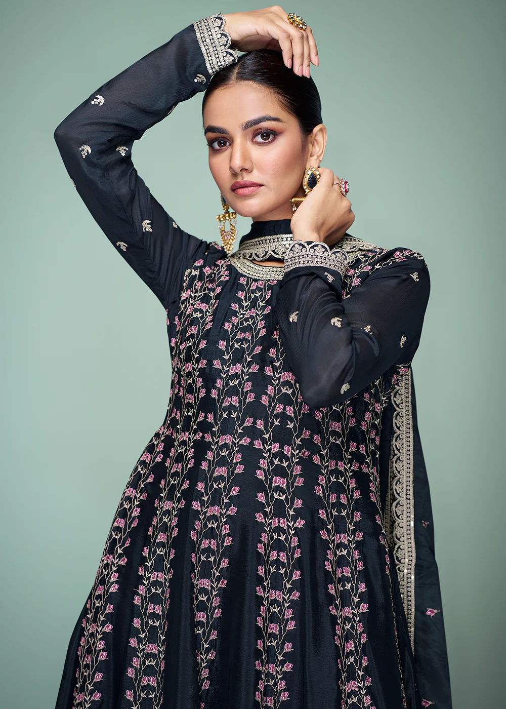 Chinnon Material Blue Embroidered Festive Gharara Suit - Image 3
