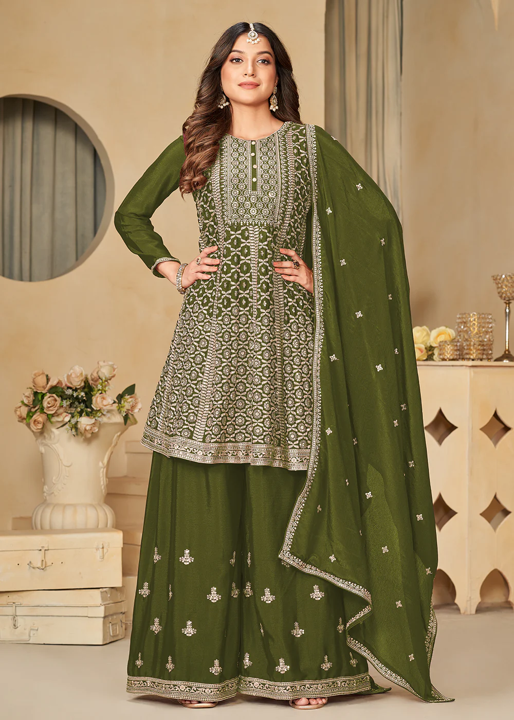 Chinnon Olive Green Embroidered Palazzo Salwar Suit - Image 3