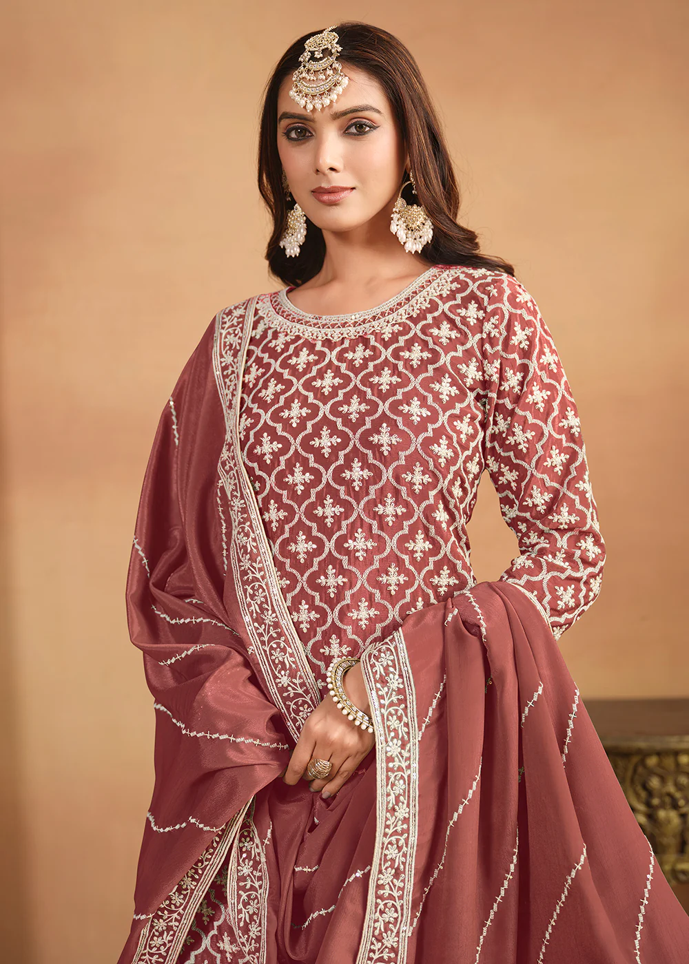 Chinnon Peach Multicolor Embroidered Lehenga Style Suit - Image 2