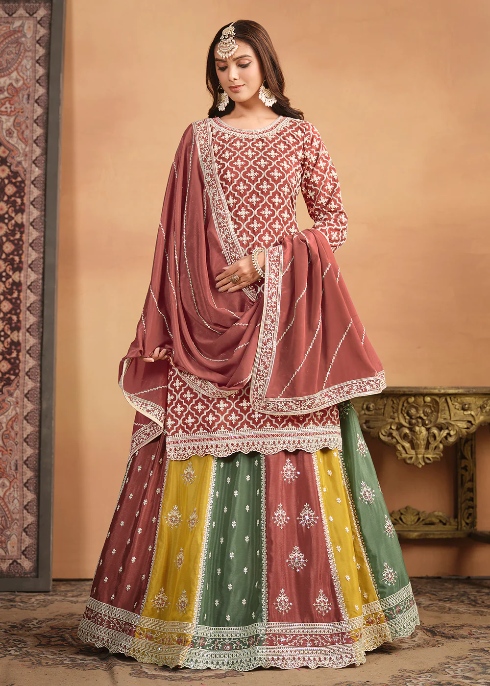 Chinnon Peach Multicolor Embroidered Lehenga Style Suit - Image 3