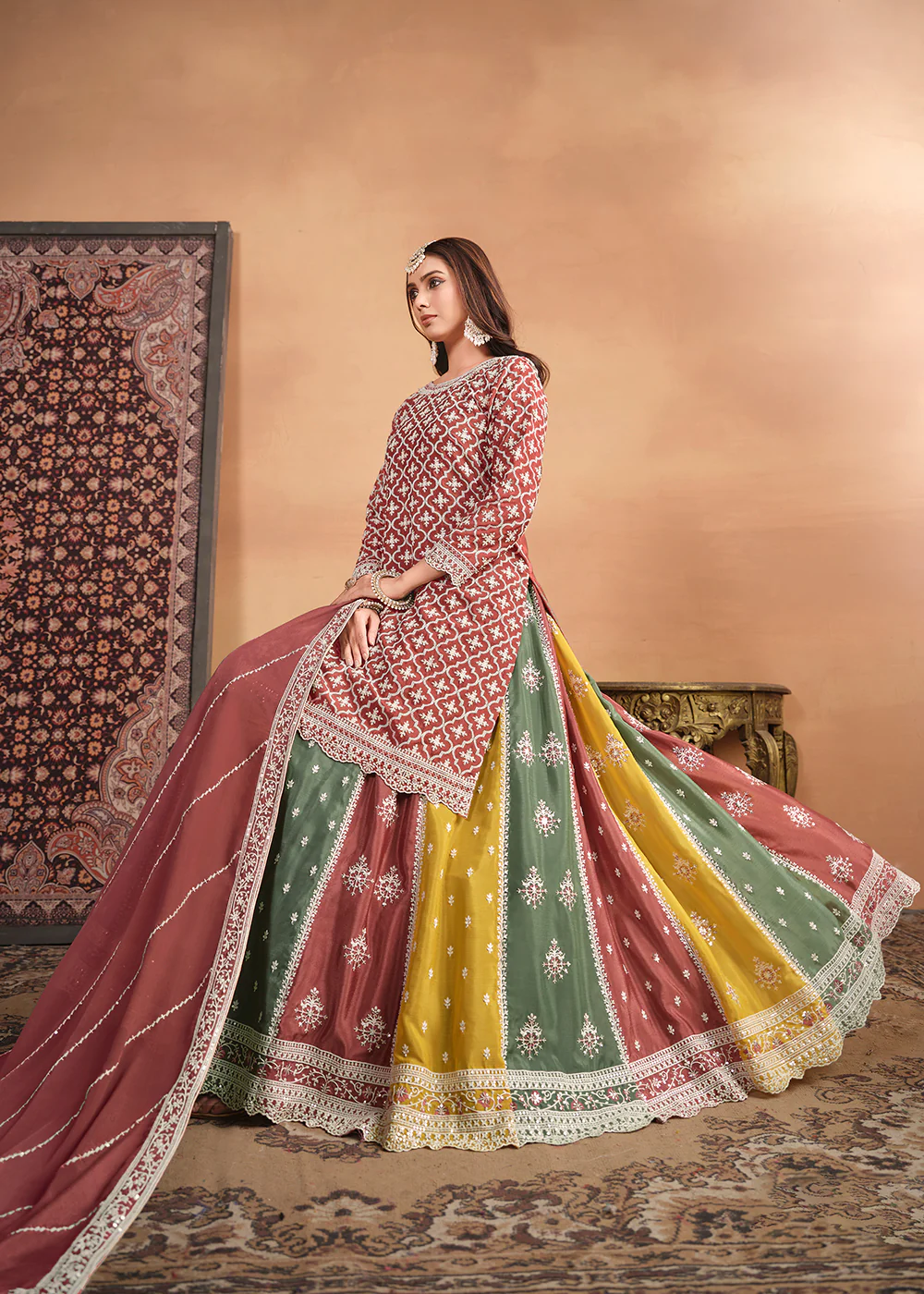 Chinnon Peach Multicolor Embroidered Lehenga Style Suit - Image 4