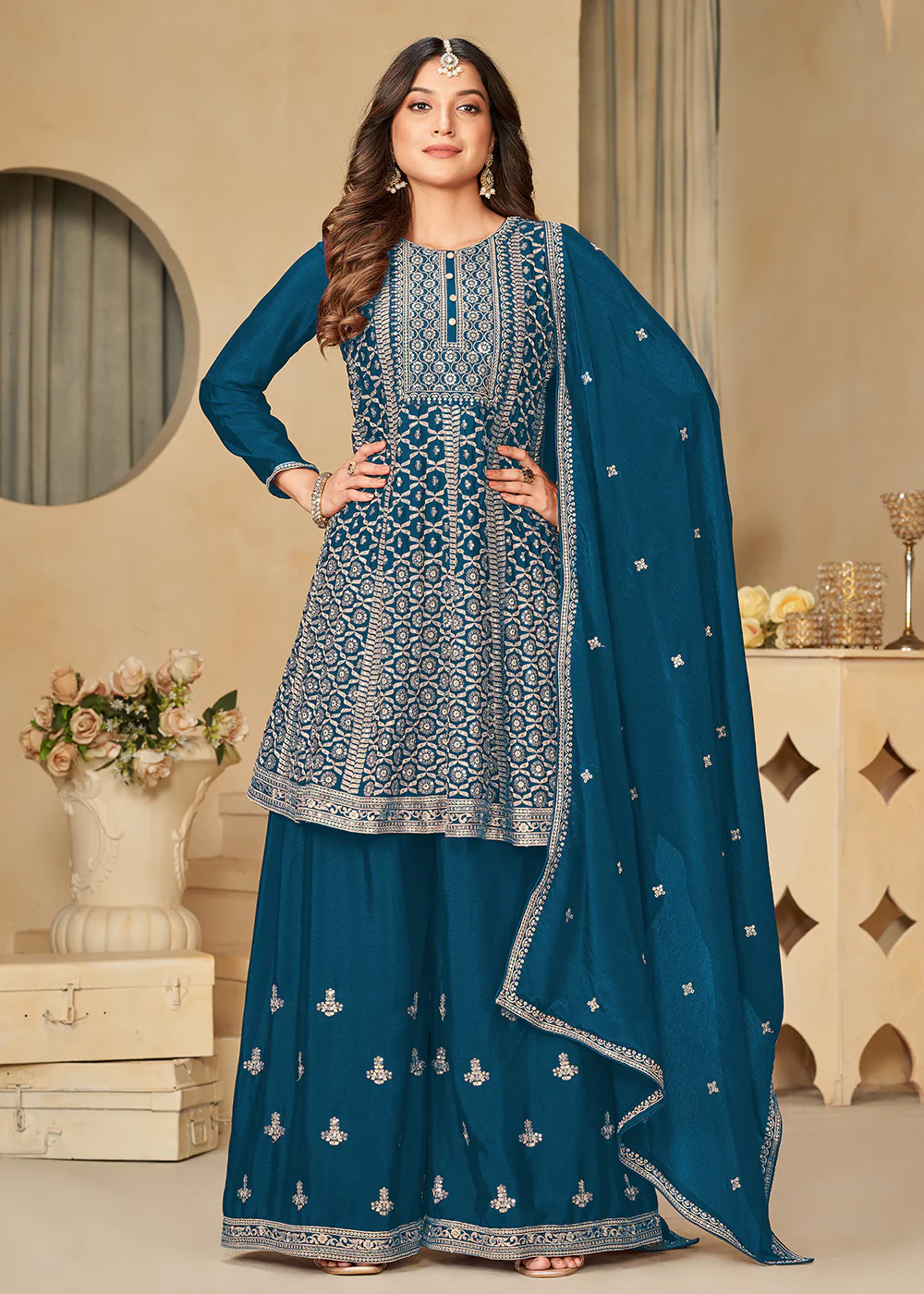Chinnon Peacock Blue Embroidered Palazzo Salwar Suit - Image 3