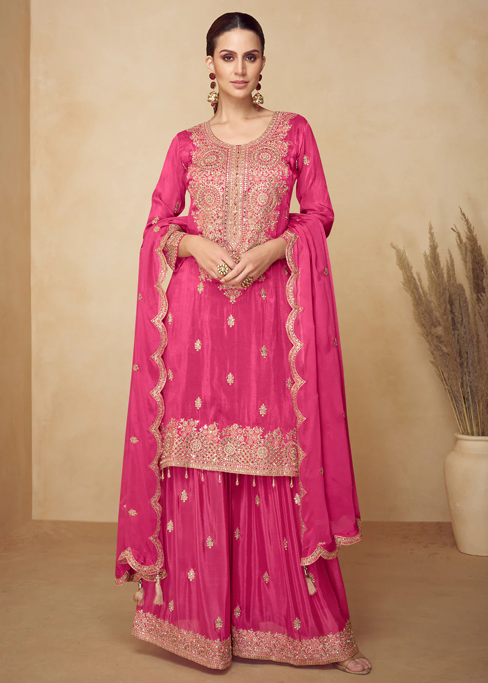 Chinnon Pink Hand Embroidered Festive Palazzo Suit