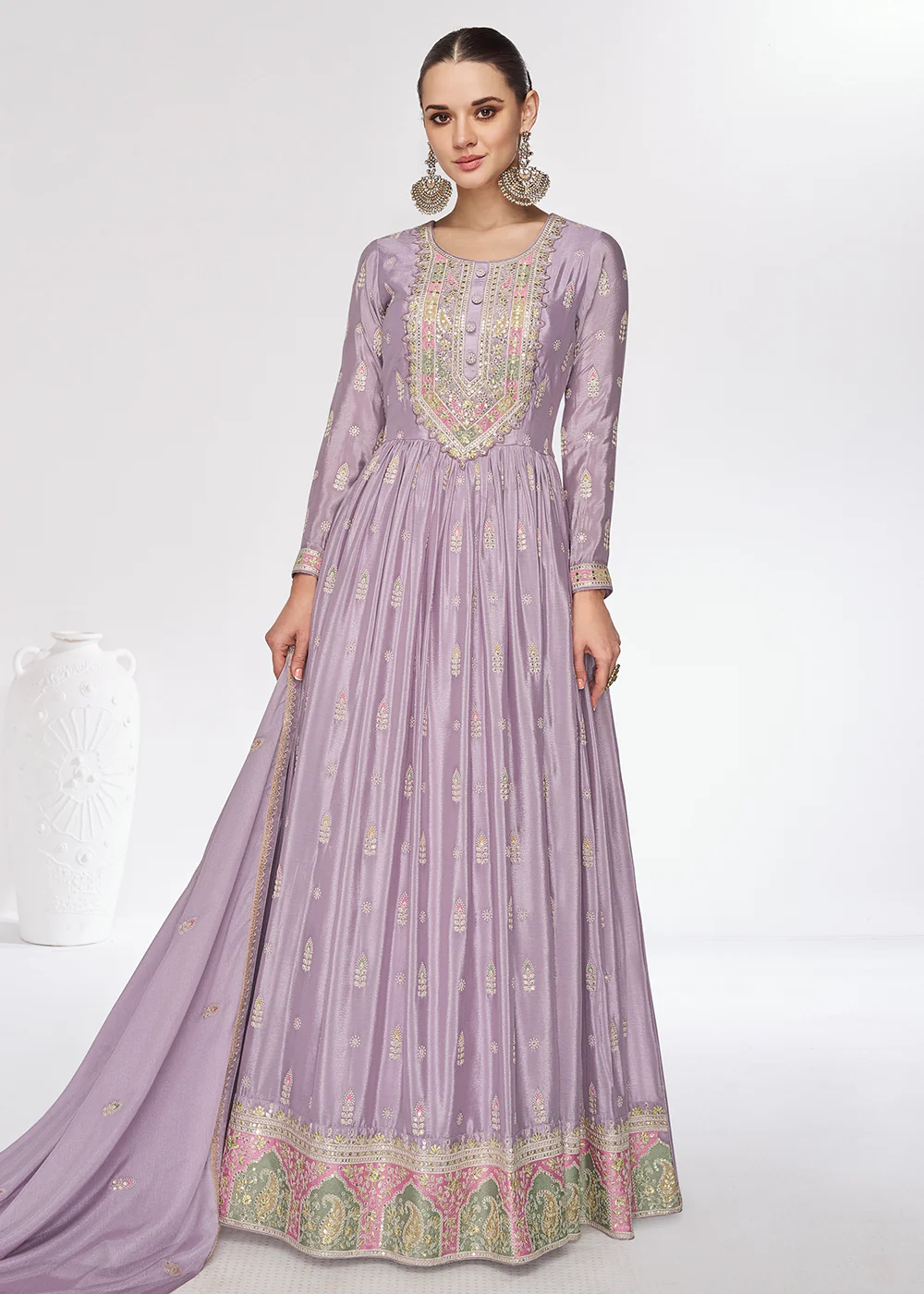 Chinnon Premium Lavender Embroidered Wedding Anarkali Suit - Image 5