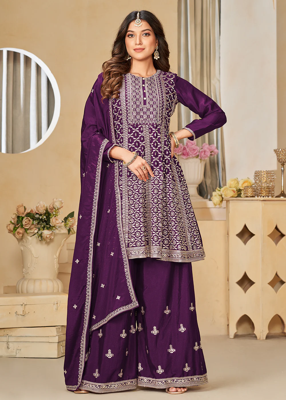 Chinnon Purple Embroidered Palazzo Salwar Suit