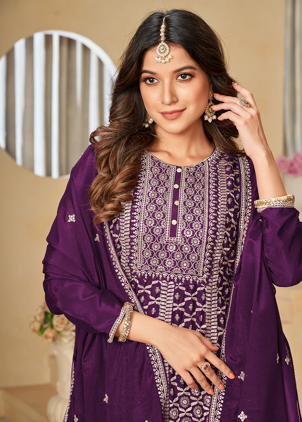 Chinnon Purple Embroidered Palazzo Salwar Suit - Image 2