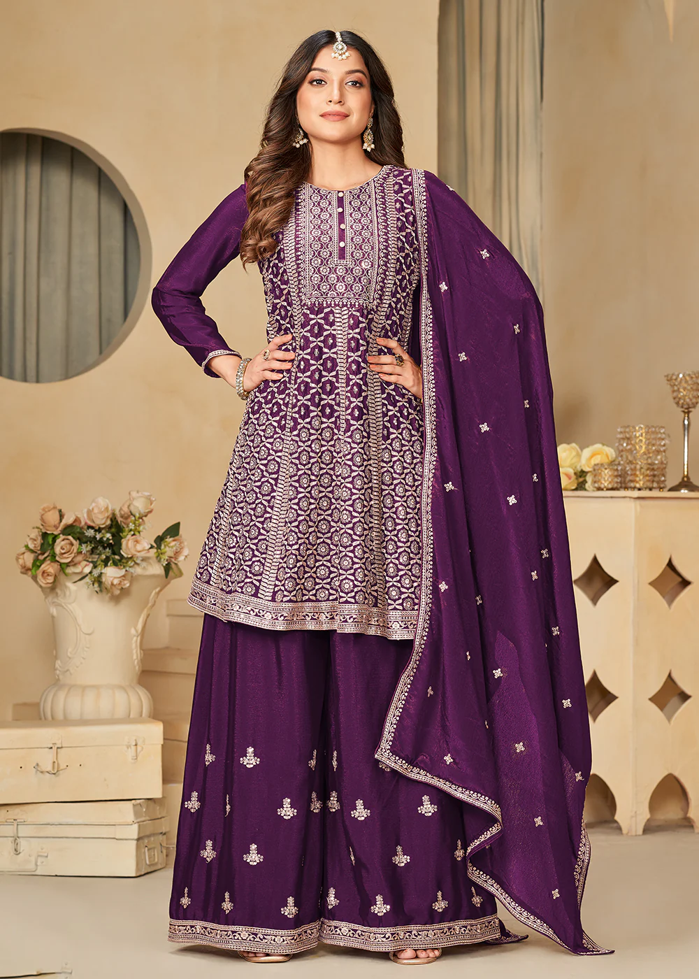 Chinnon Purple Embroidered Palazzo Salwar Suit - Image 3