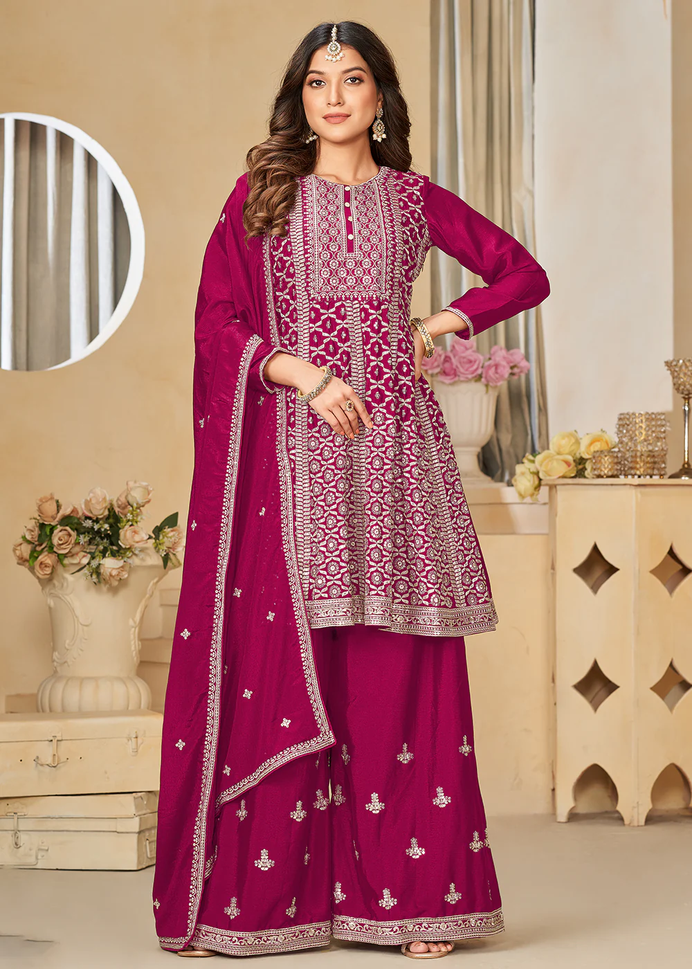 Chinnon Rani Pink Embroidered Palazzo Salwar Suit