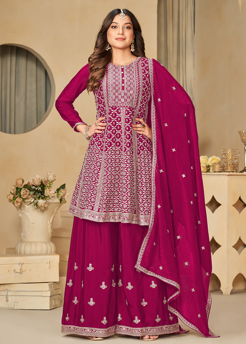 Chinnon Rani Pink Embroidered Palazzo Salwar Suit - Image 3