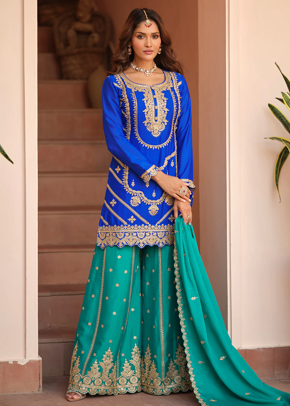 Chinnon Silk Blue & Firozi Festive Palazzo Suit