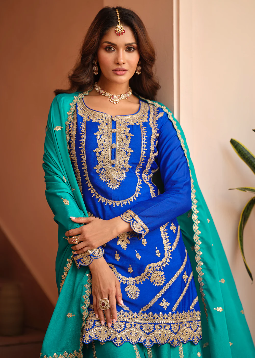 Chinnon Silk Blue & Firozi Festive Palazzo Suit - Image 2