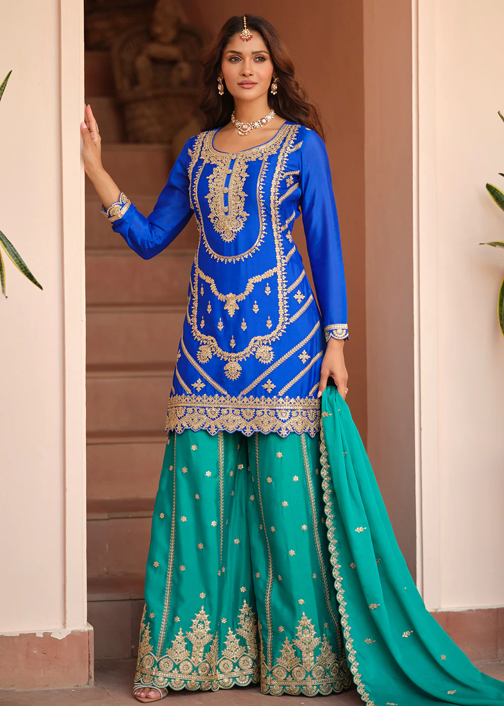 Chinnon Silk Blue & Firozi Festive Palazzo Suit - Image 3