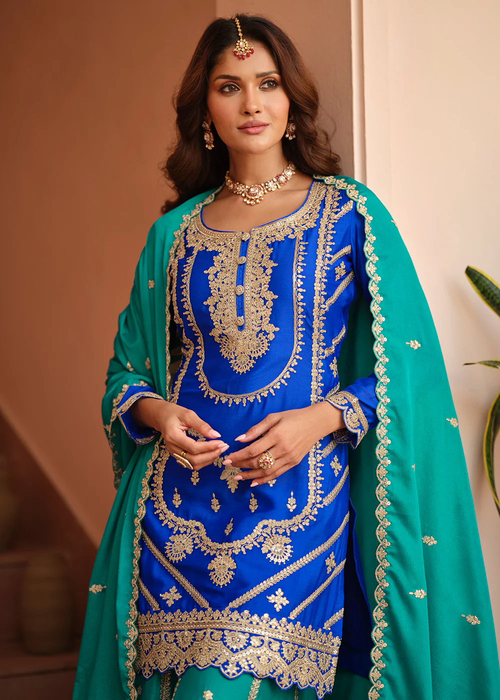 Chinnon Silk Blue & Firozi Festive Palazzo Suit - Image 4