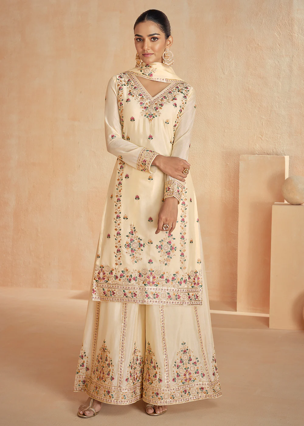 Chinnon Silk Embroidered Cream Designer Palazzo Suit