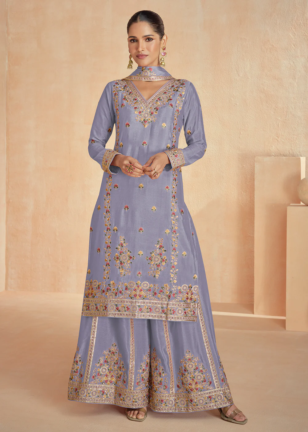 Chinnon Silk Embroidered Lilac Designer Palazzo Suit